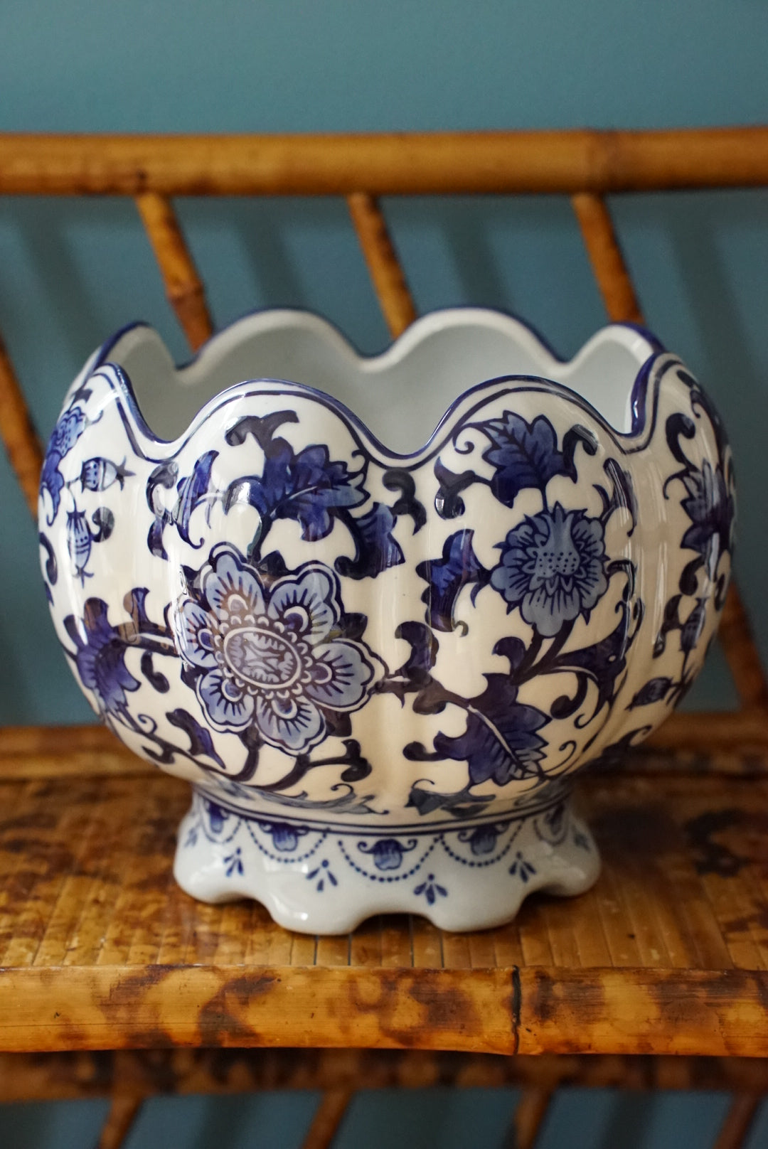 Vintage Scalloped Blue and White Cachepot