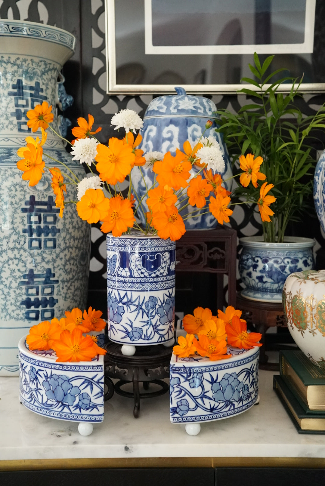 Blue and White Floral Arranger Set - 3 pc