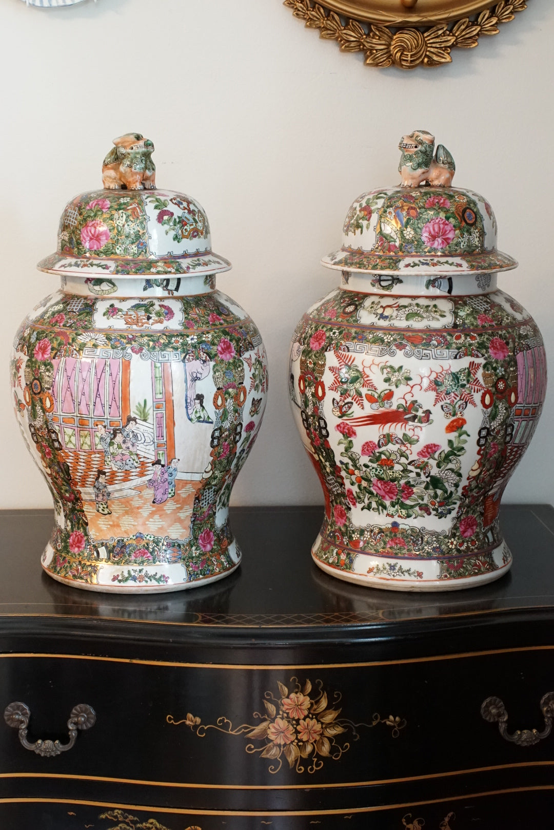Pair of — XL Vintage Rose Medallion Temple Jar with Foo Dog Finial