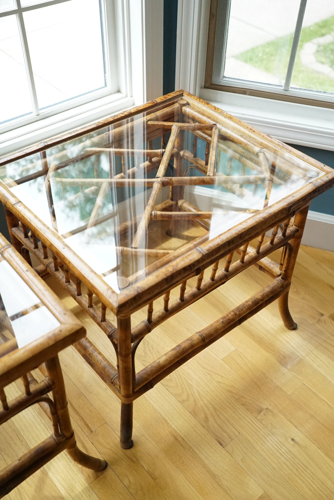 Vintage Tortoise Shell Burnt Bamboo Glass Side Table
