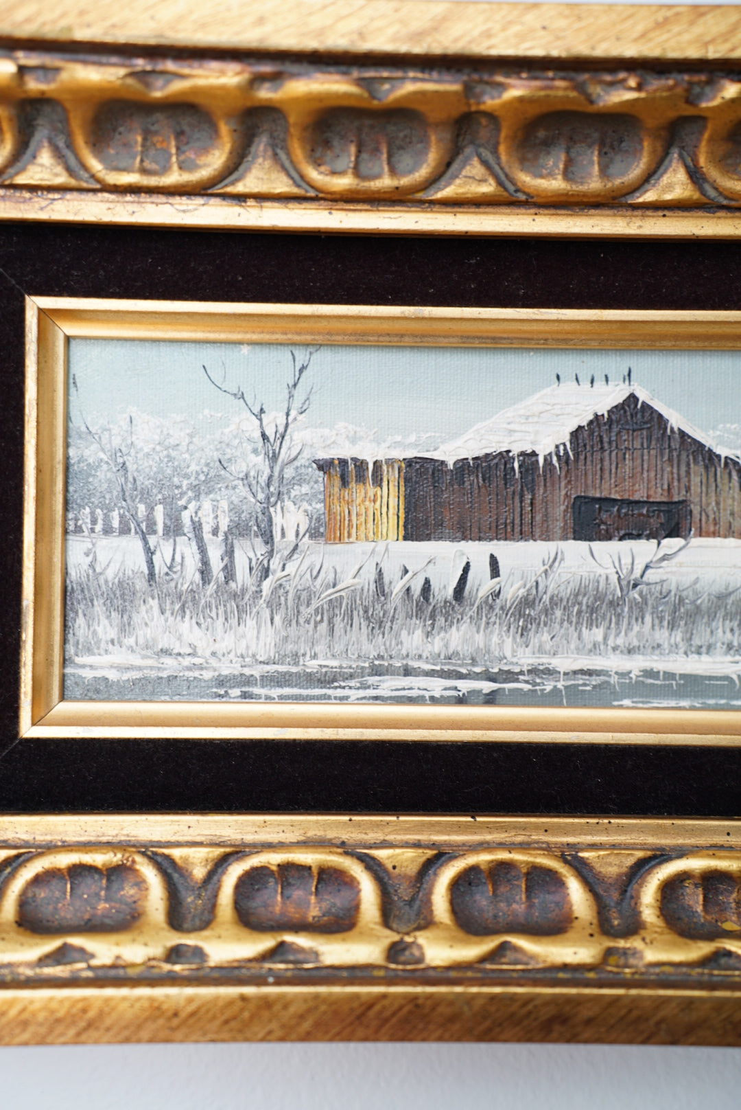 Oil on Board Winter Barn by Everette Woodson