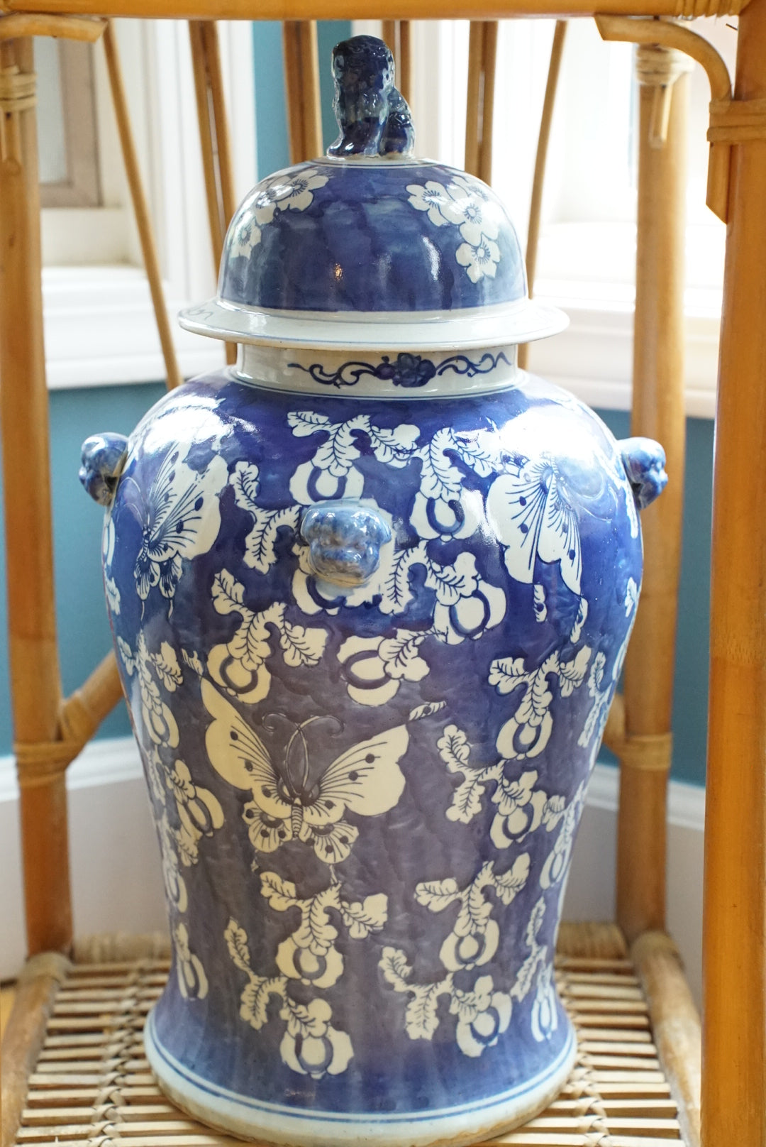 XL Blue and White Butterfly Temple Jar