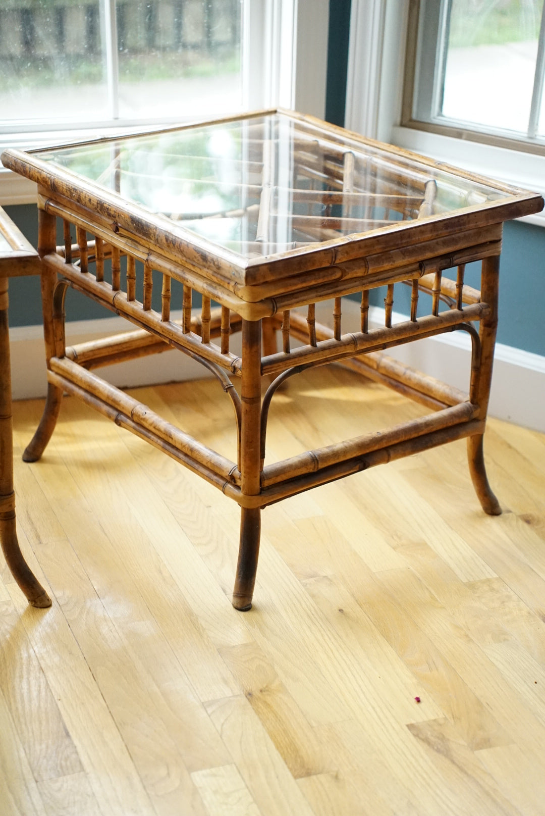 Vintage Tortoise Shell Burnt Bamboo Glass Side Table