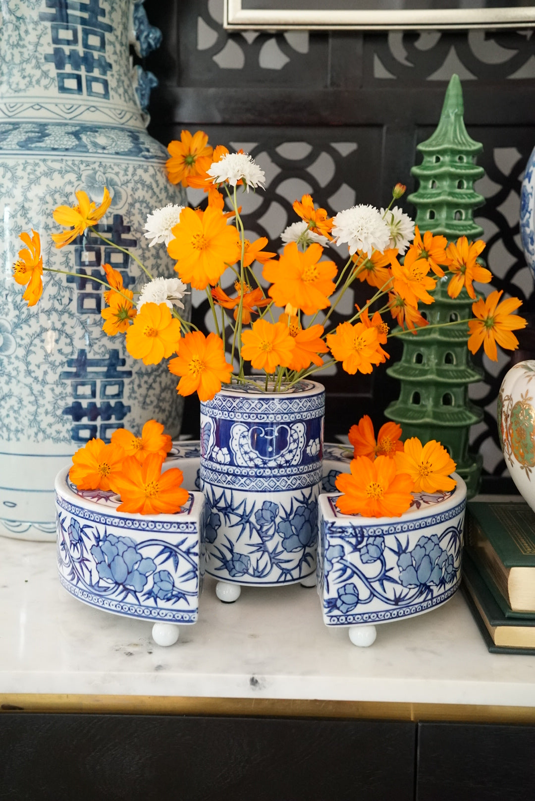 Blue and White Floral Arranger Set - 3 pc