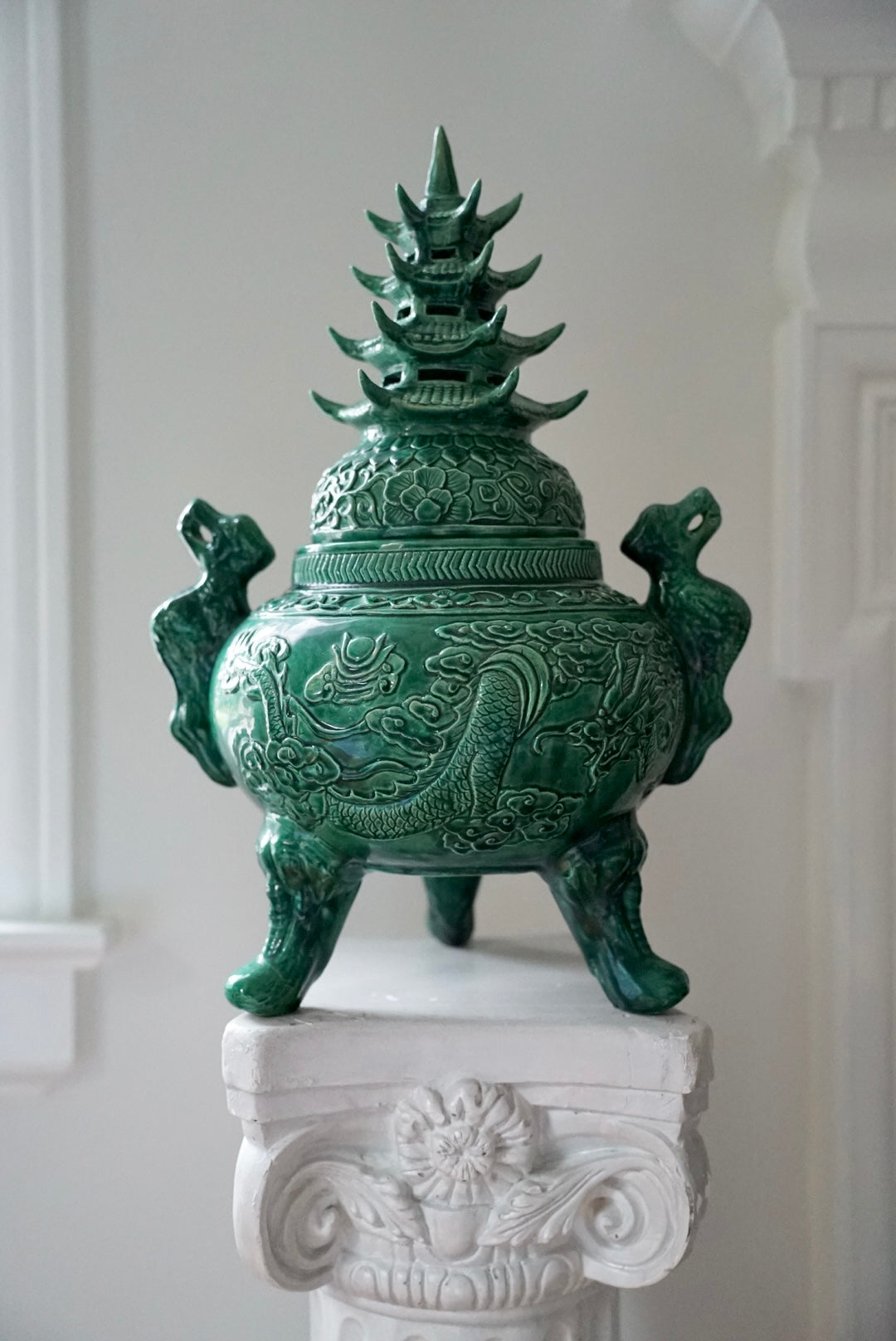 XL Green Pagoda-Topped Footed Urn