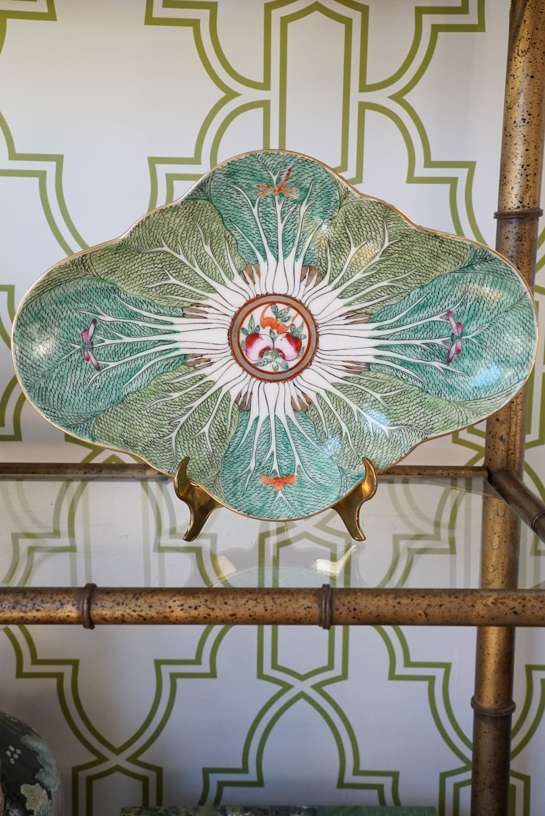 Vintage Famille Verte Bok Choy Quatrefoil Platter