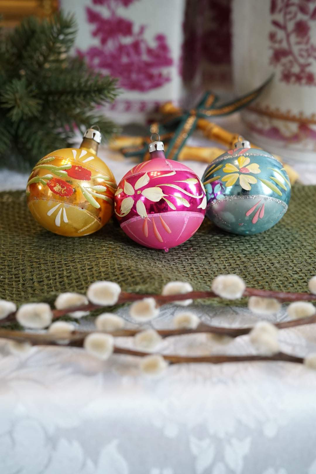 Set of 3 — Vintage Made in Poland Floral Glass Ornaments