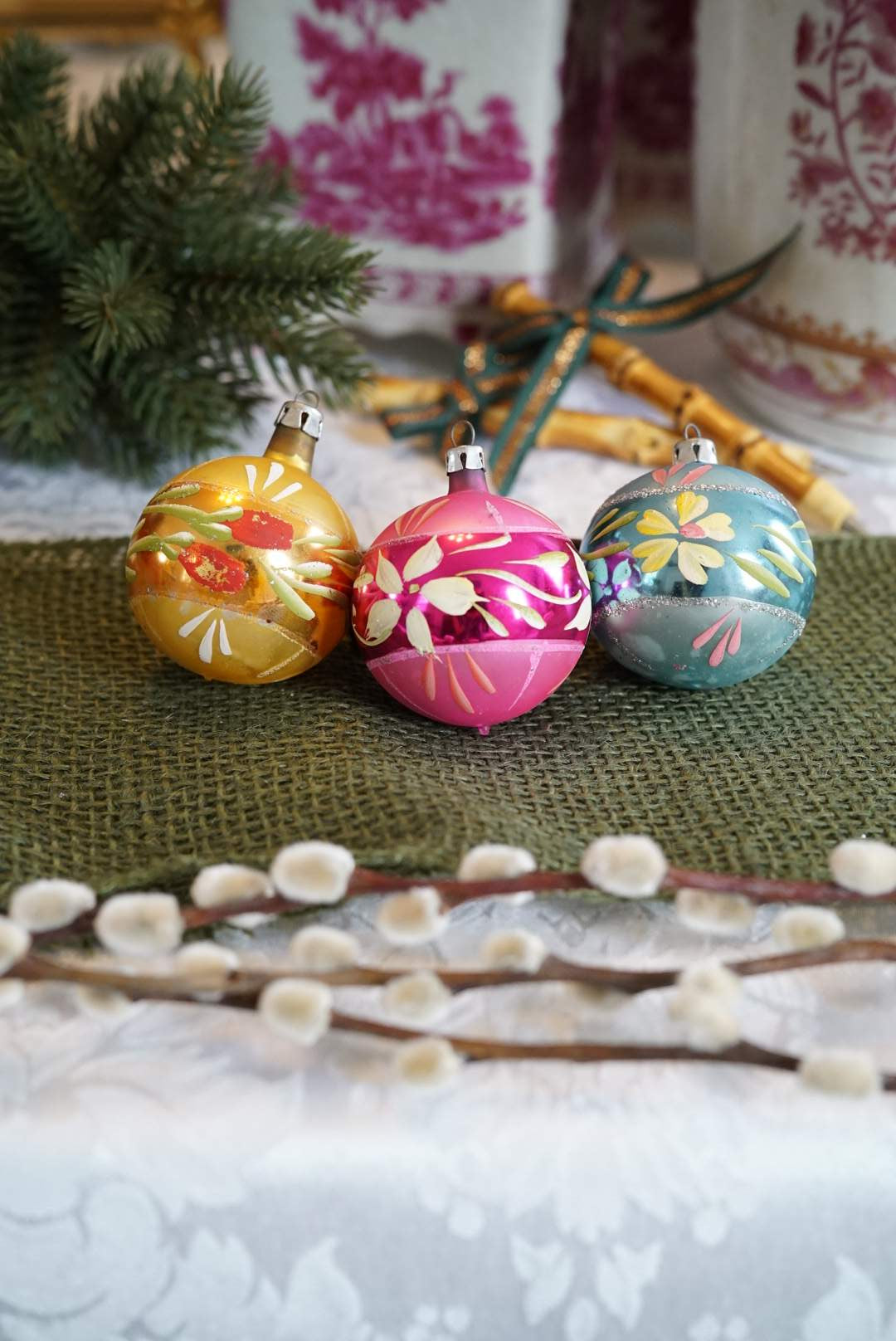 Set of 3 — Vintage Made in Poland Floral Glass Ornaments