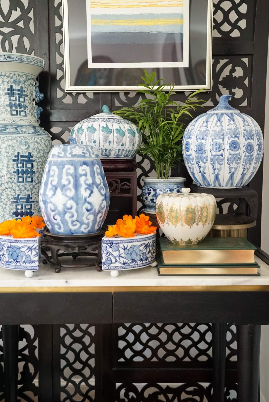 Tall Chinoiserie Blue and White Pumpkin