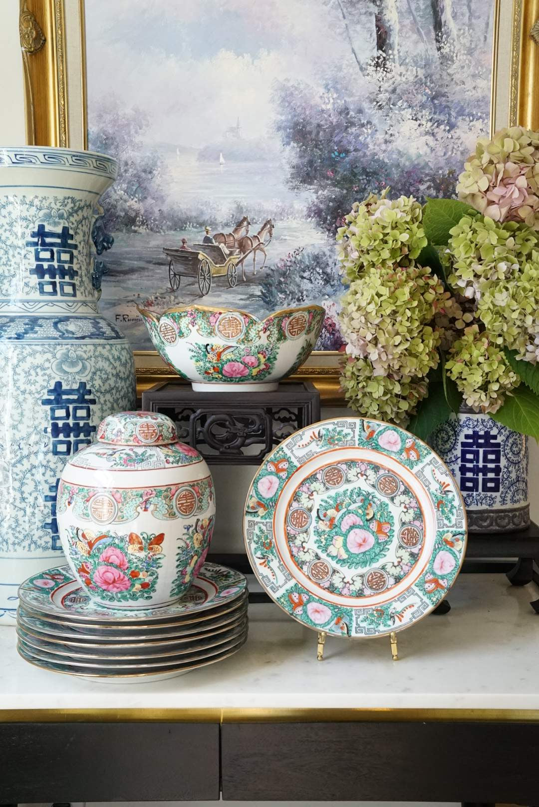 Vintage 10” Rose Canton Dinner Plate with Longevity Medallion