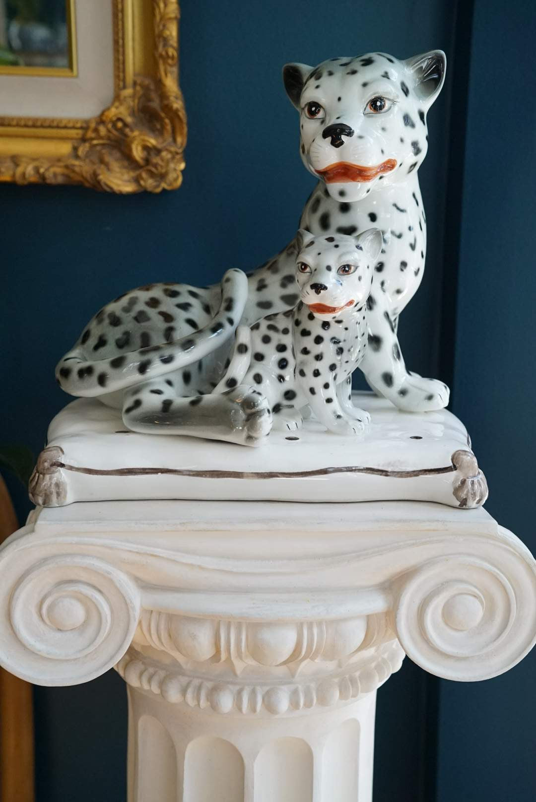 Vintage Leopard Statue, Figurine, Snow Leopards on Pillow, Fine Ceramic,  Porcelain, Made in Italy