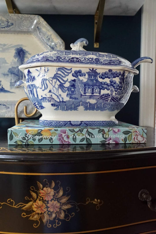 Antique XL Blue Willow Tureen with Matching Willow Ladle