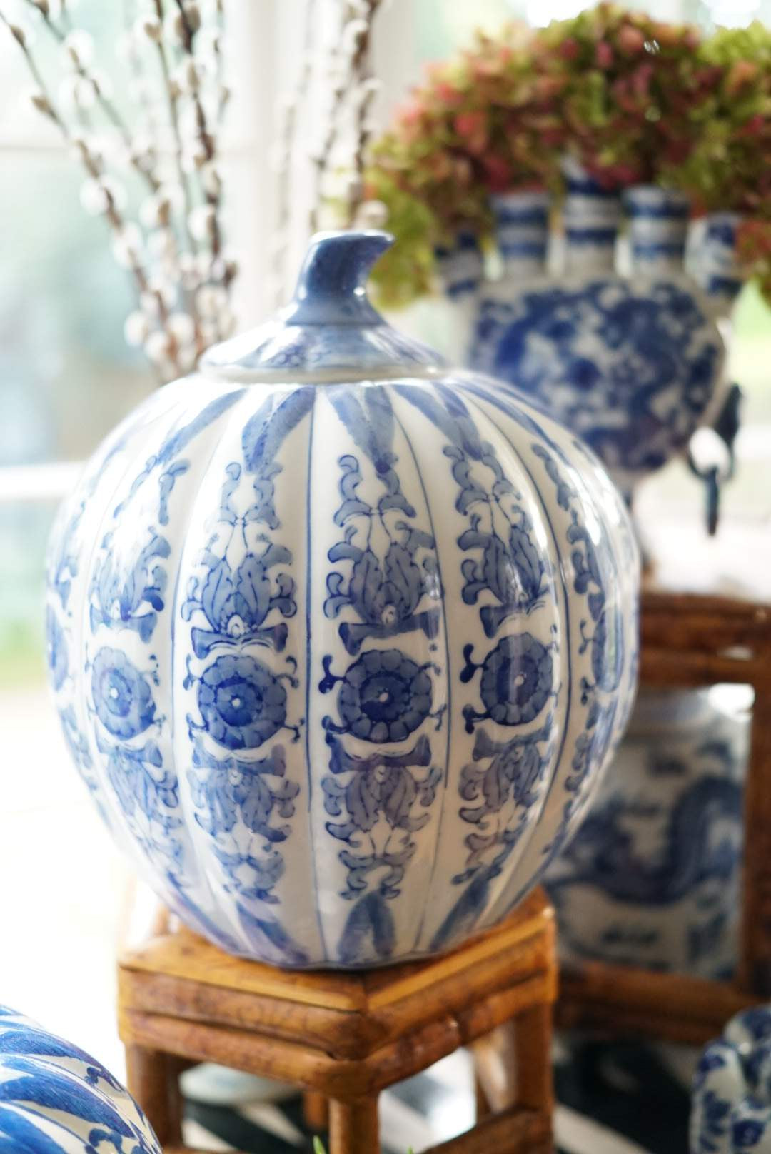 Large 11” Blue and White Chinoiserie Pumpkin