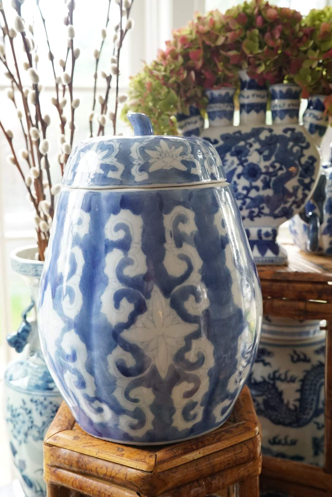 Tall Chinoiserie Blue and White Pumpkin