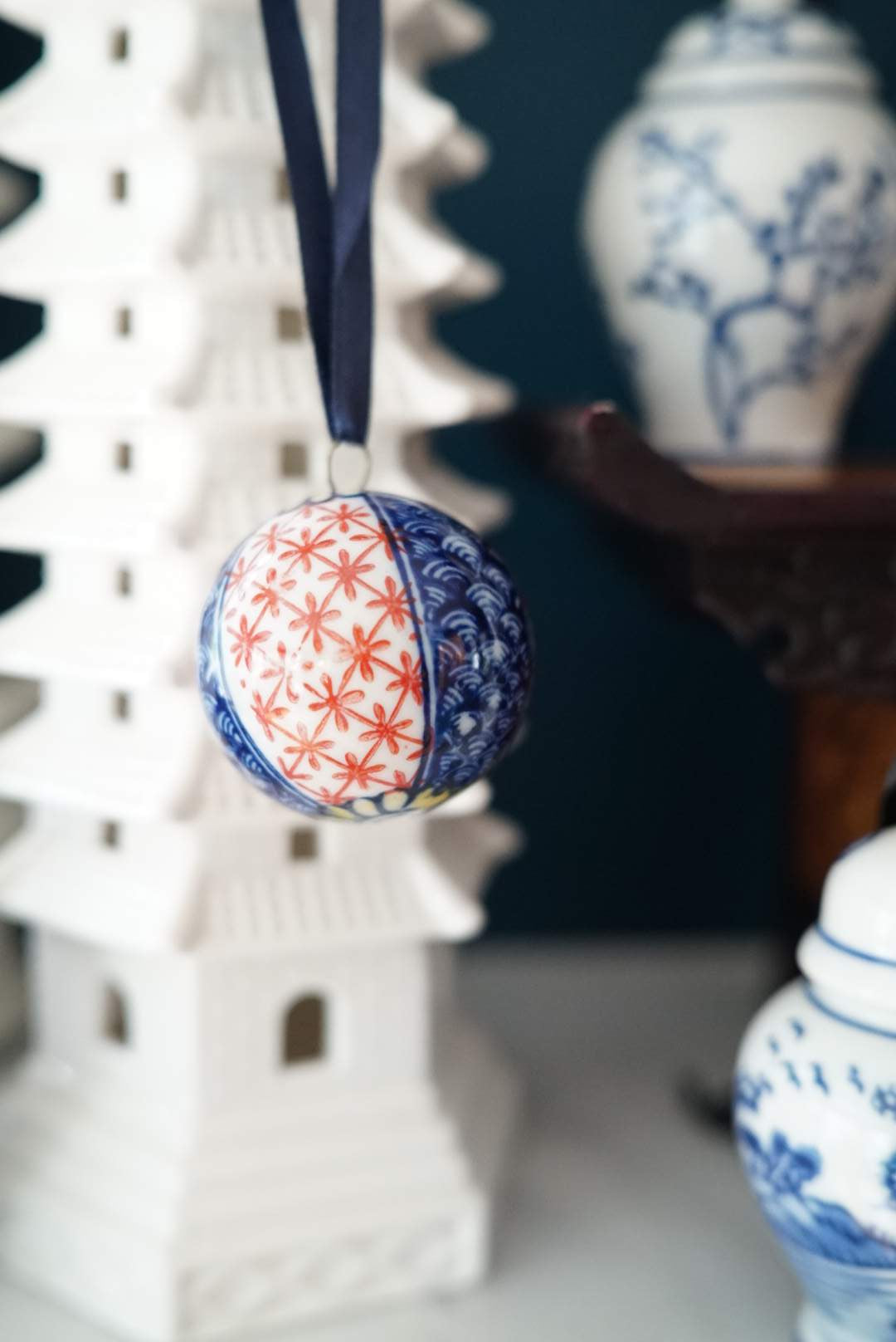 Set of 5—Chinoiserie Christmas Porcelain Ball Ornaments