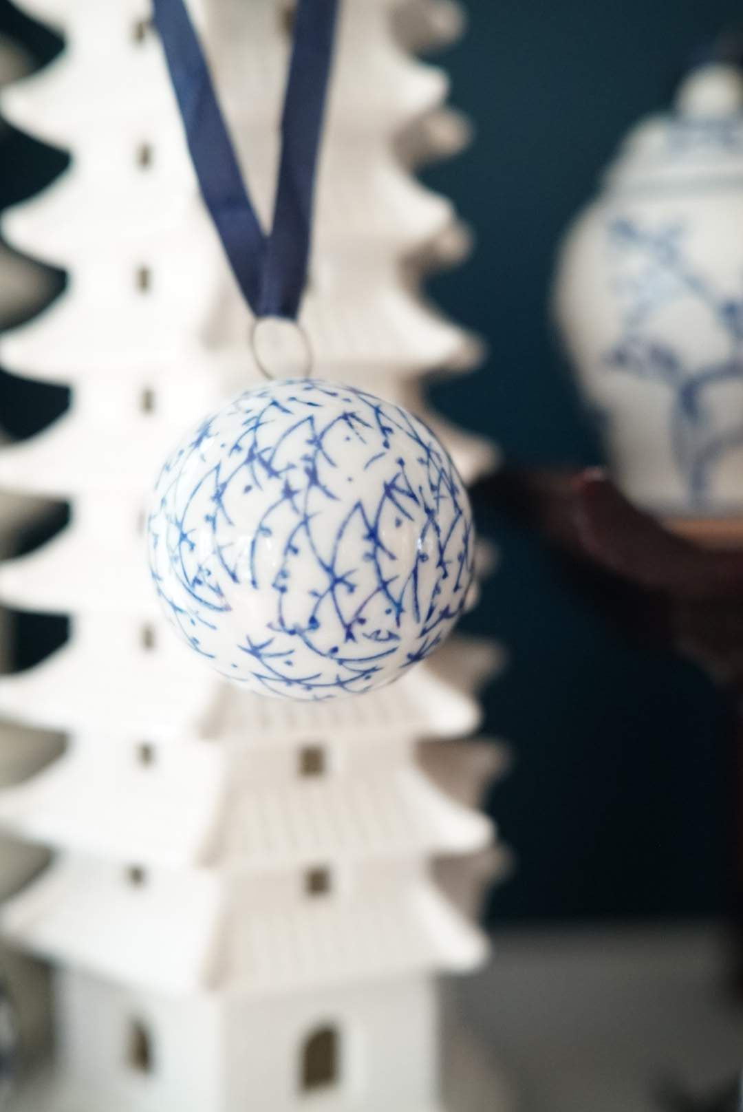 Set of 5—Chinoiserie Christmas Porcelain Ball Ornaments