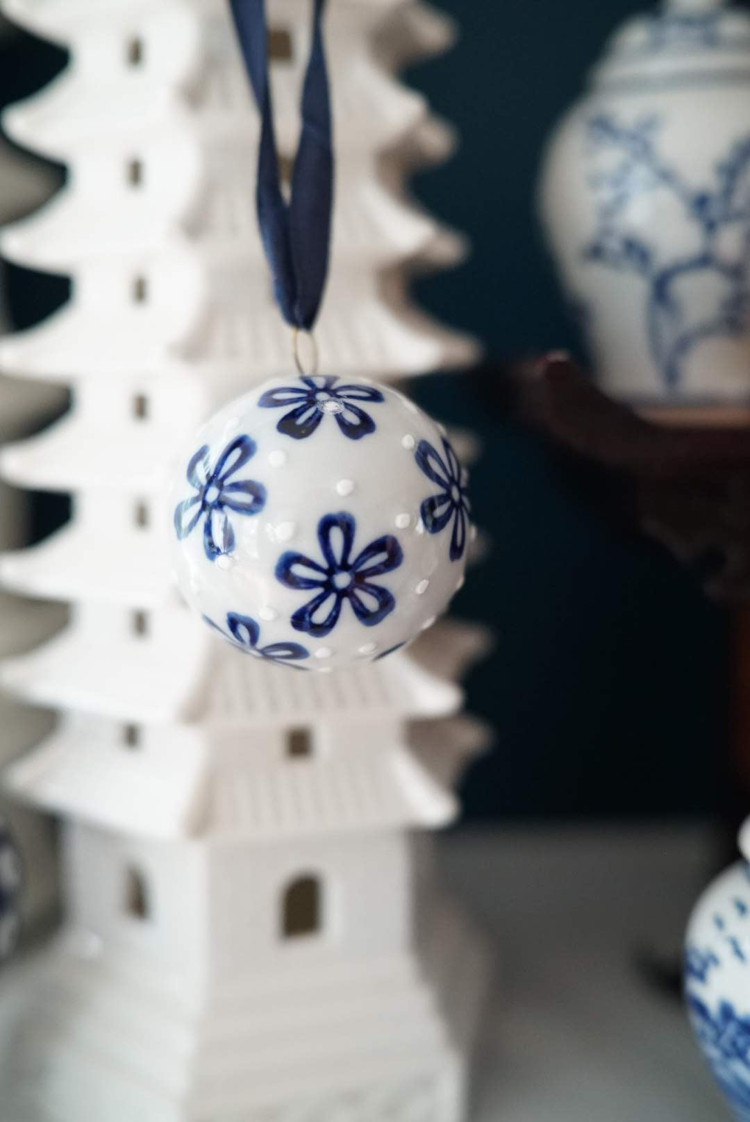 Set of 5—Chinoiserie Christmas Porcelain Ball Ornaments