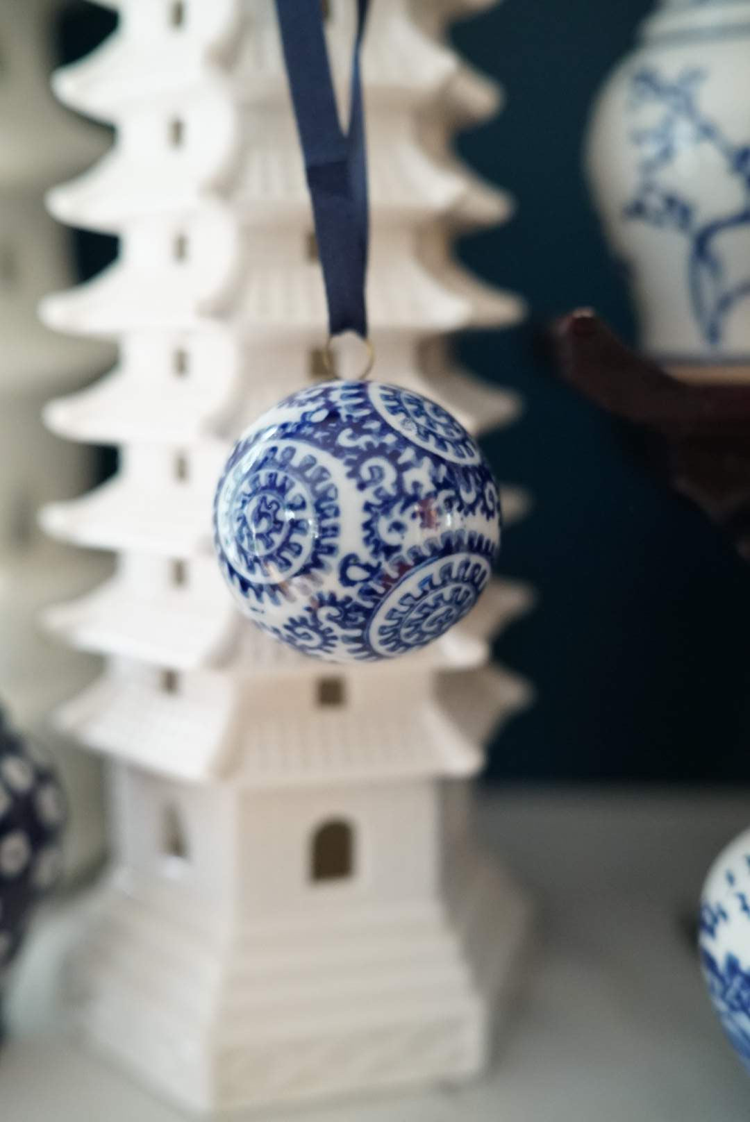 Set of 5—Chinoiserie Christmas Porcelain Ball Ornaments