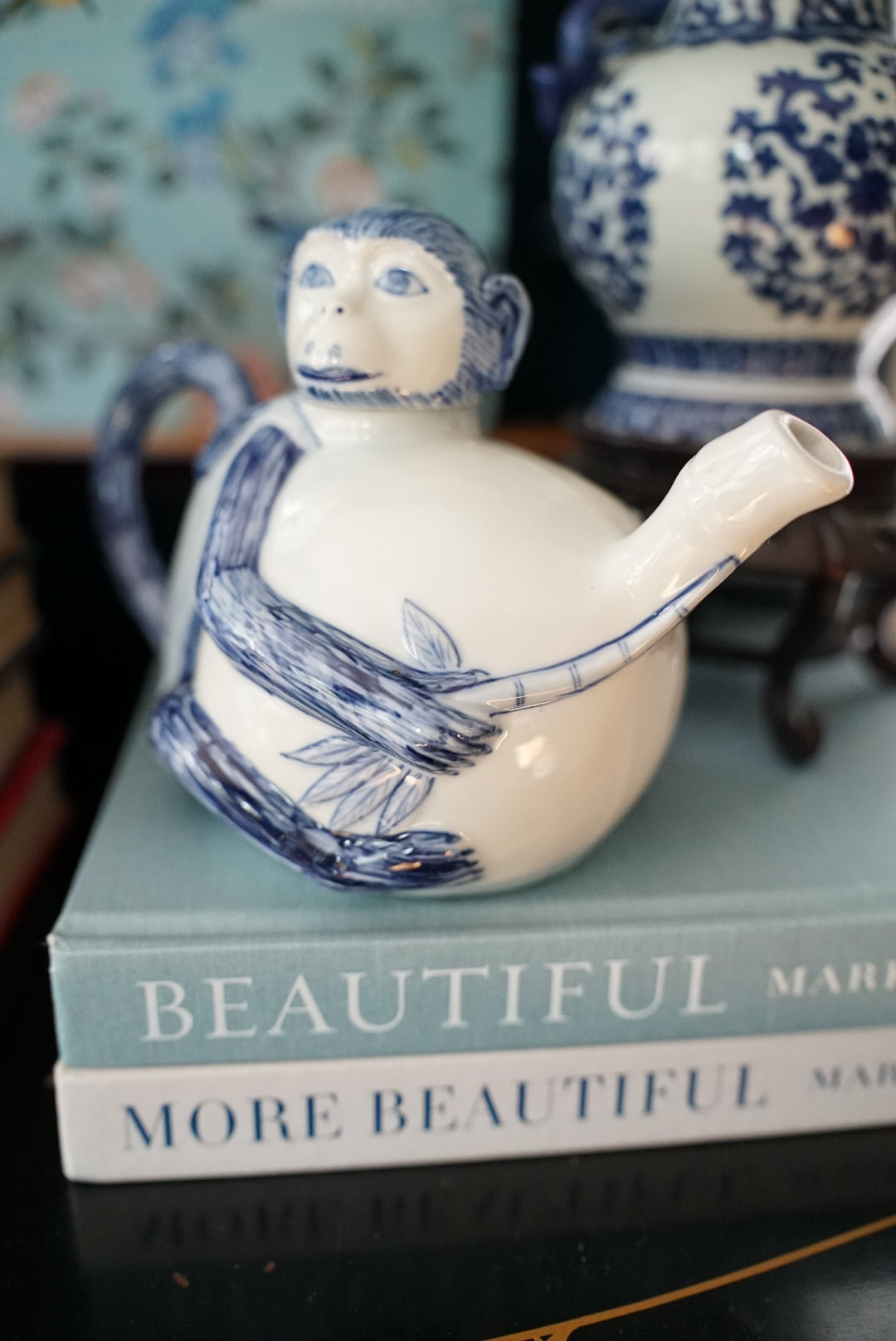 Vintage Blue and White Monkey Tea Pot