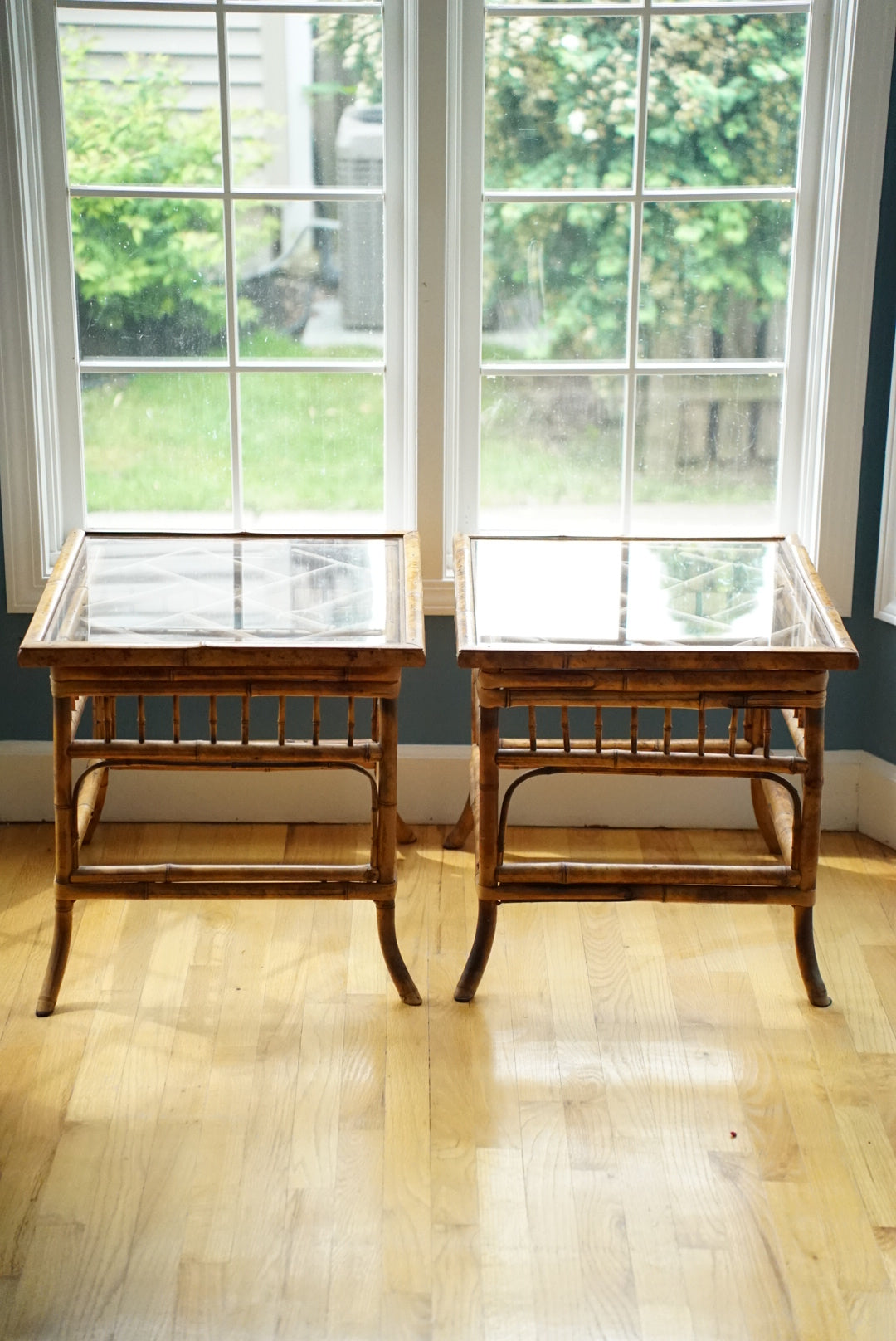 Vintage Tortoise Shell Burnt Bamboo Glass Side Table
