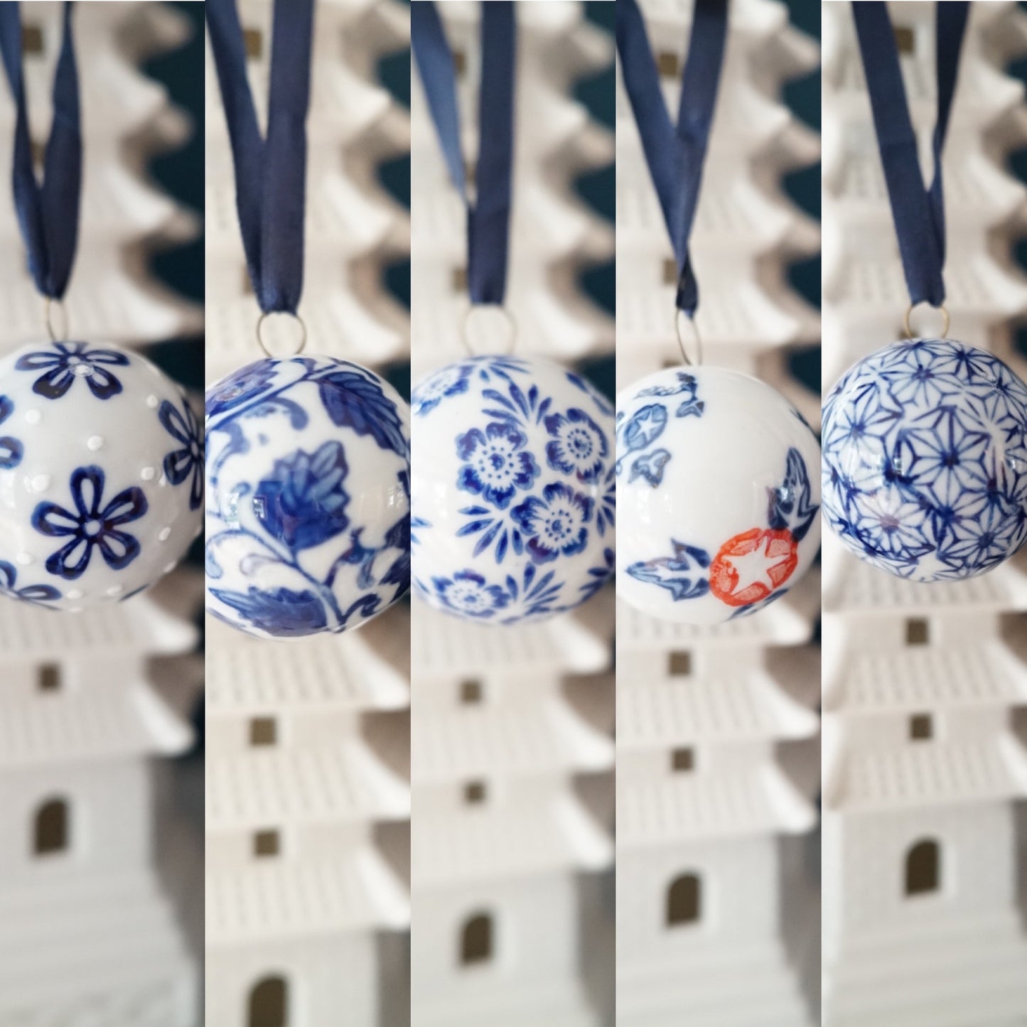 Set of 5—Chinoiserie Christmas Porcelain Ball Ornaments