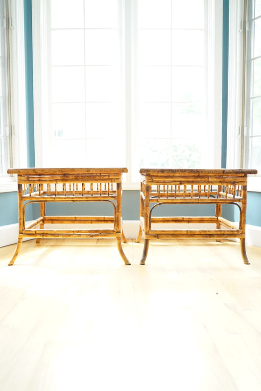 Vintage Tortoise Shell Burnt Bamboo Glass Side Table