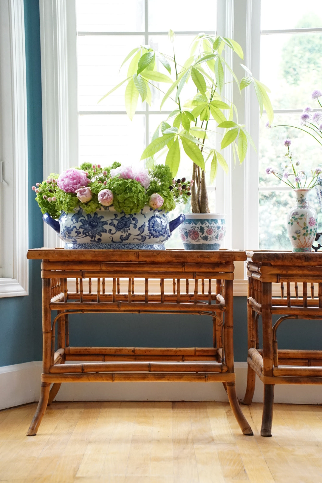 Vintage Tortoise Shell Burnt Bamboo Glass Side Table