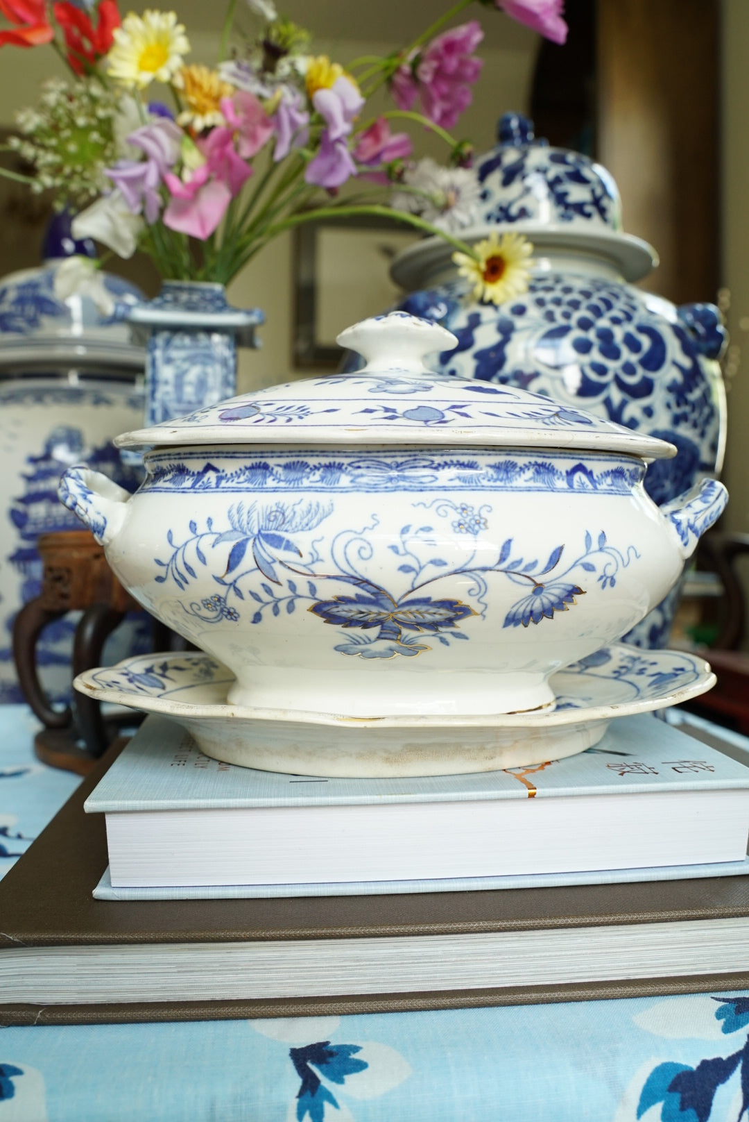 Antique Grimwades Carro Blue (Blue Onion)Tureen with Underplate