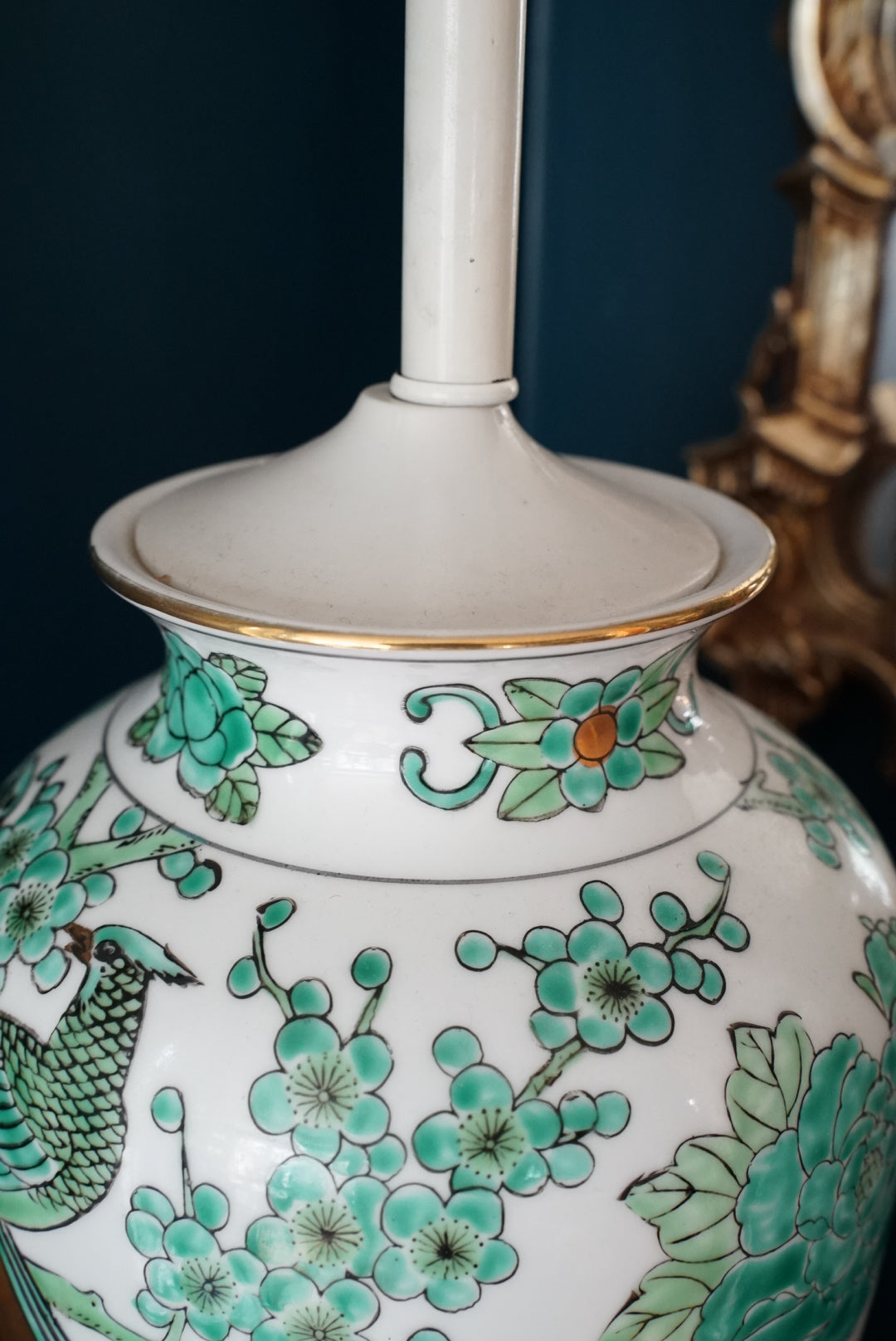 Large Green Gold Imari Lamp with Bell Shade