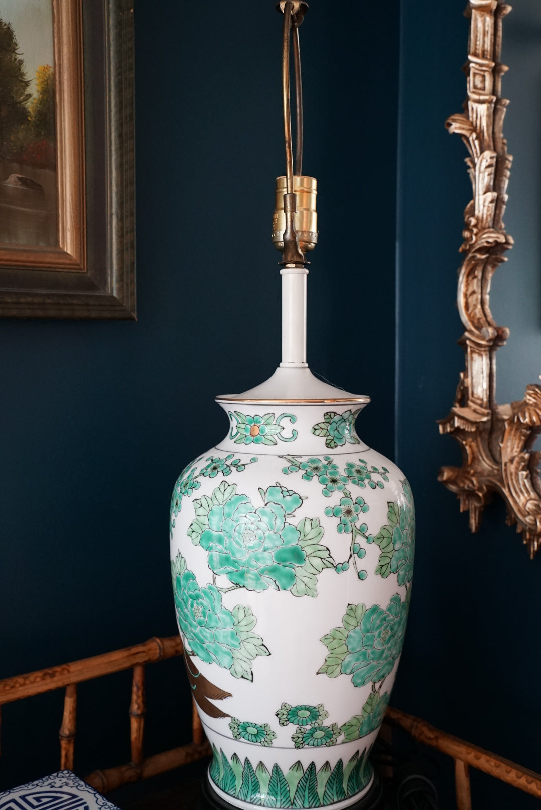 Large Green Gold Imari Lamp with Bell Shade