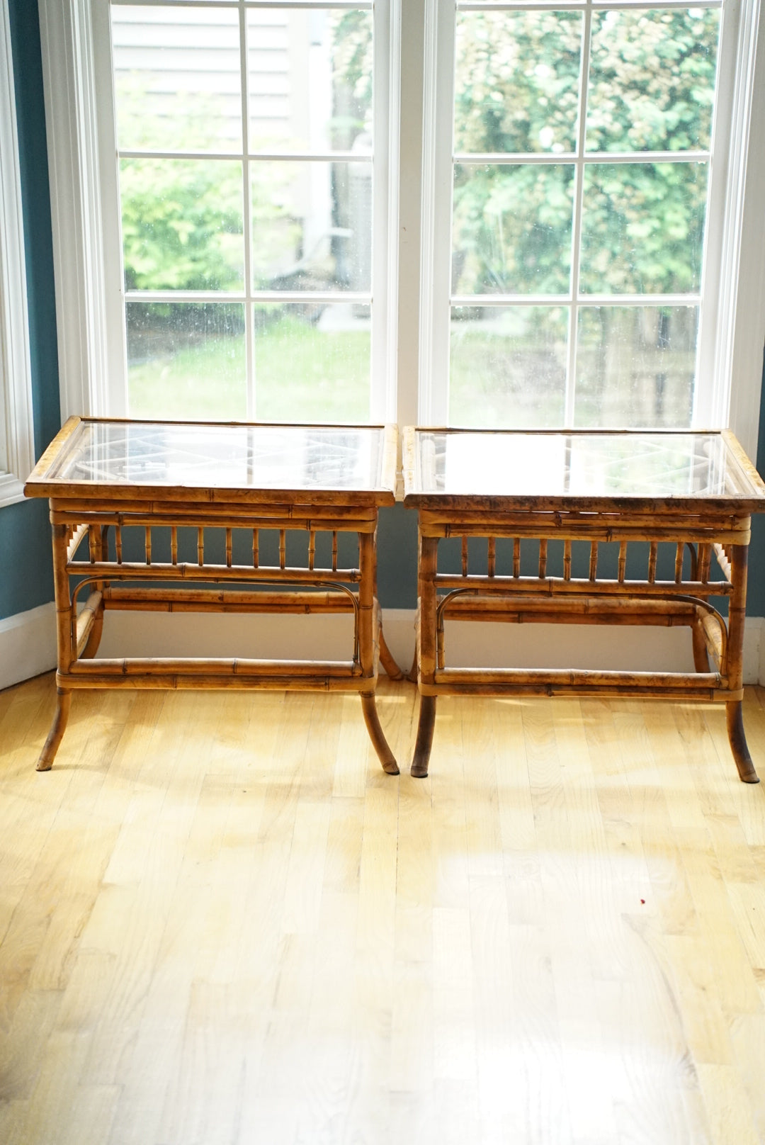 Vintage Tortoise Shell Burnt Bamboo Glass Side Table