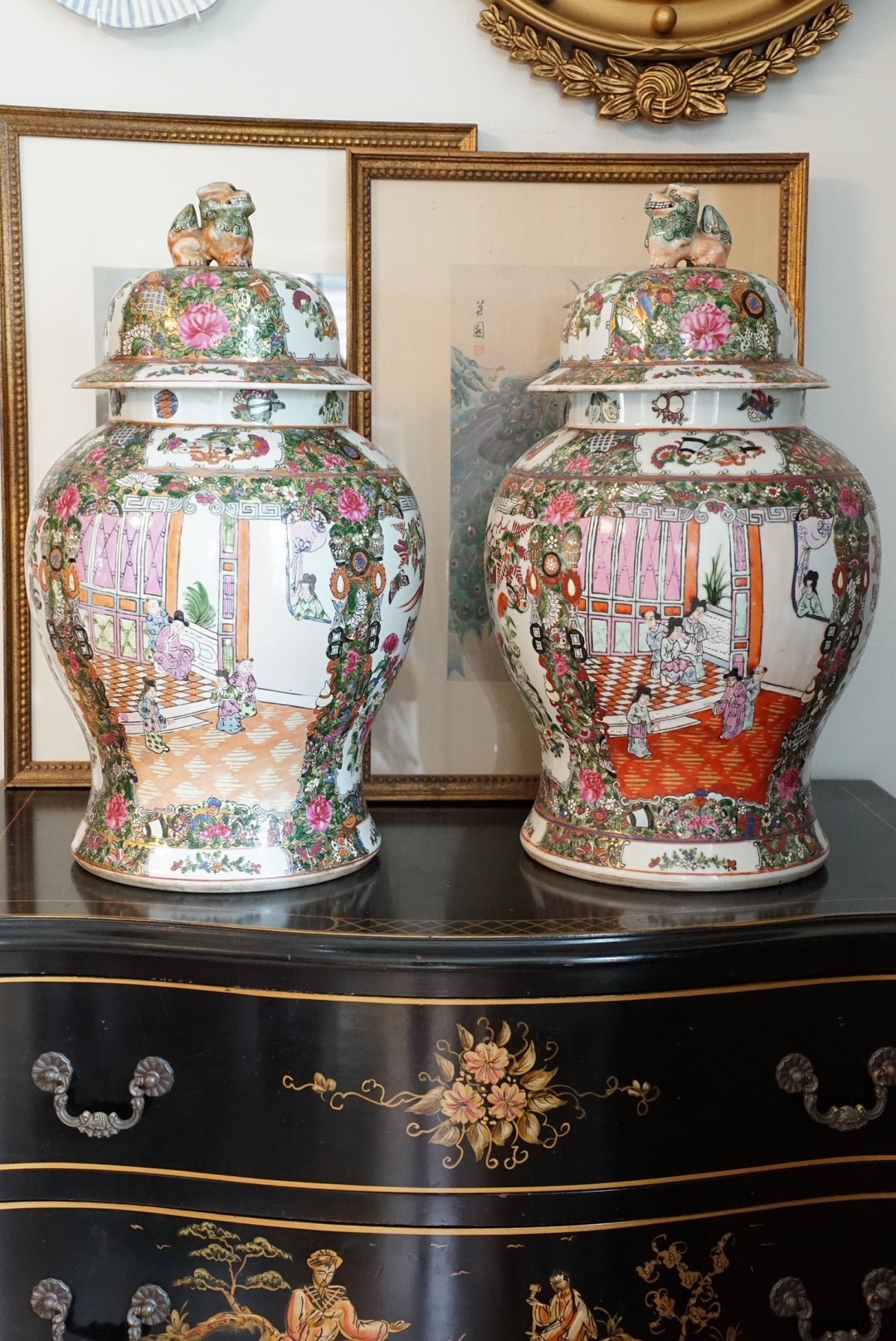 Pair of — XL Vintage Rose Medallion Temple Jar with Foo Dog Finial
