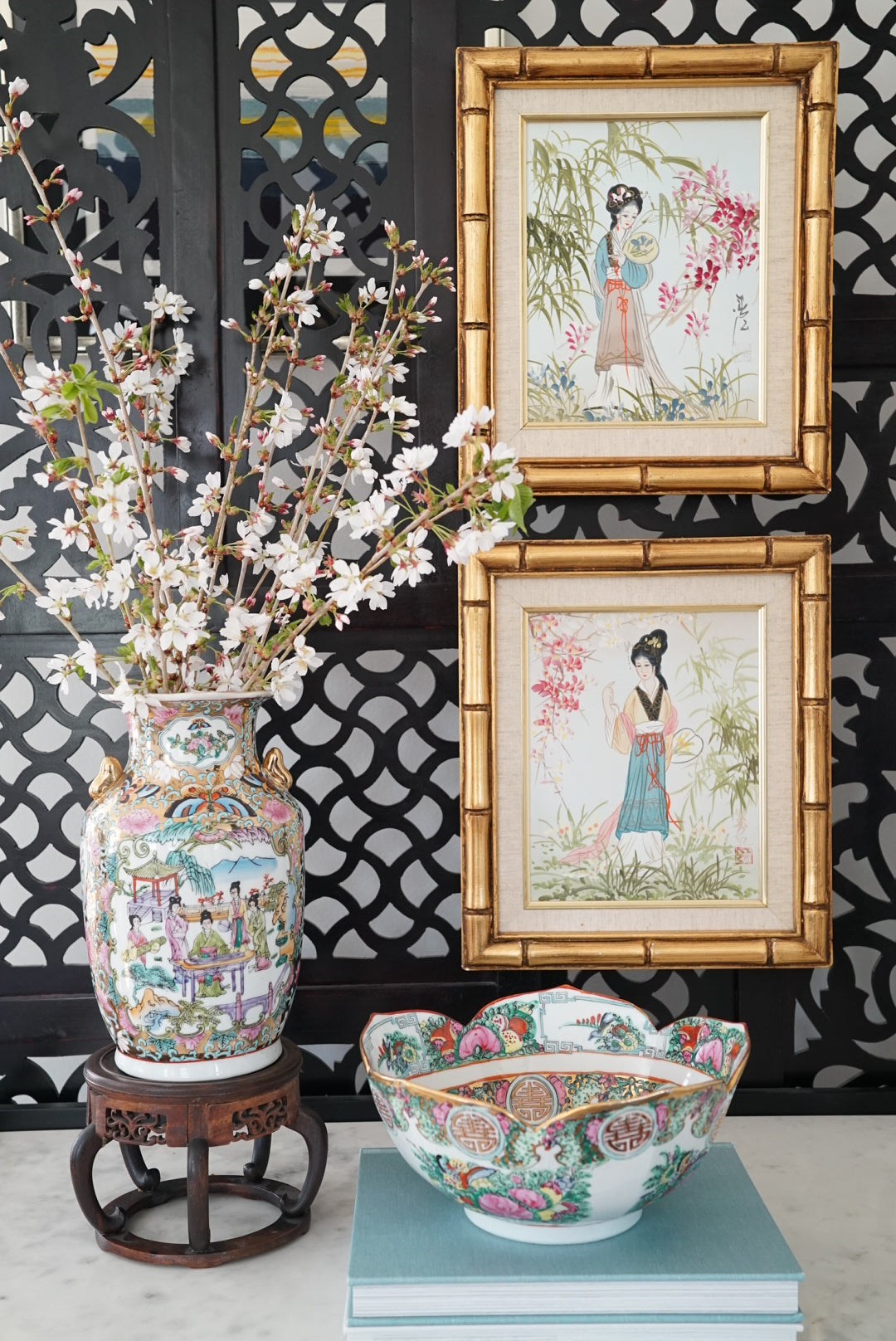 Vibrant Famille Rose Medallion Vase with Gold Handles