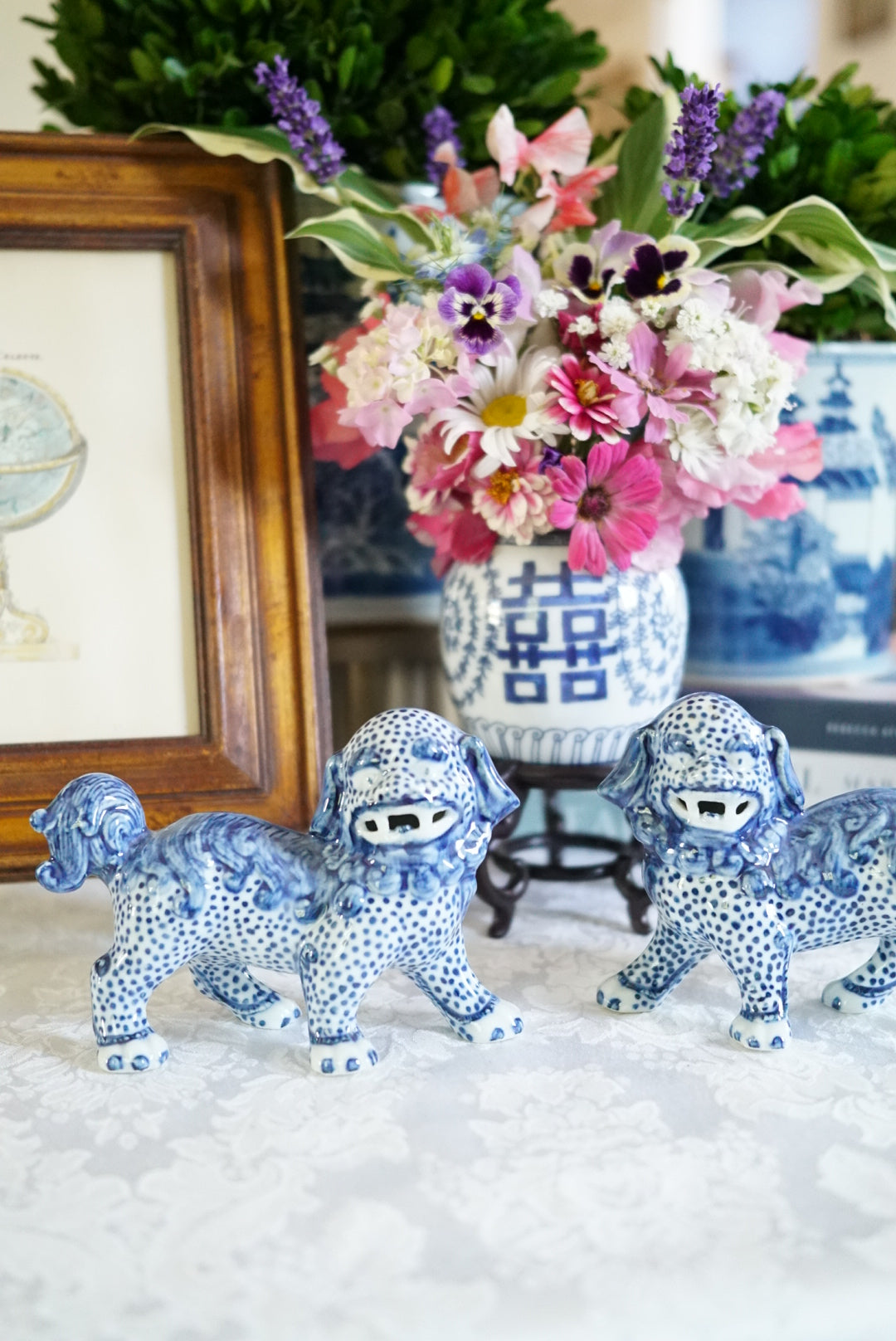 Pair of — Blue and White Standing Foo Dogs