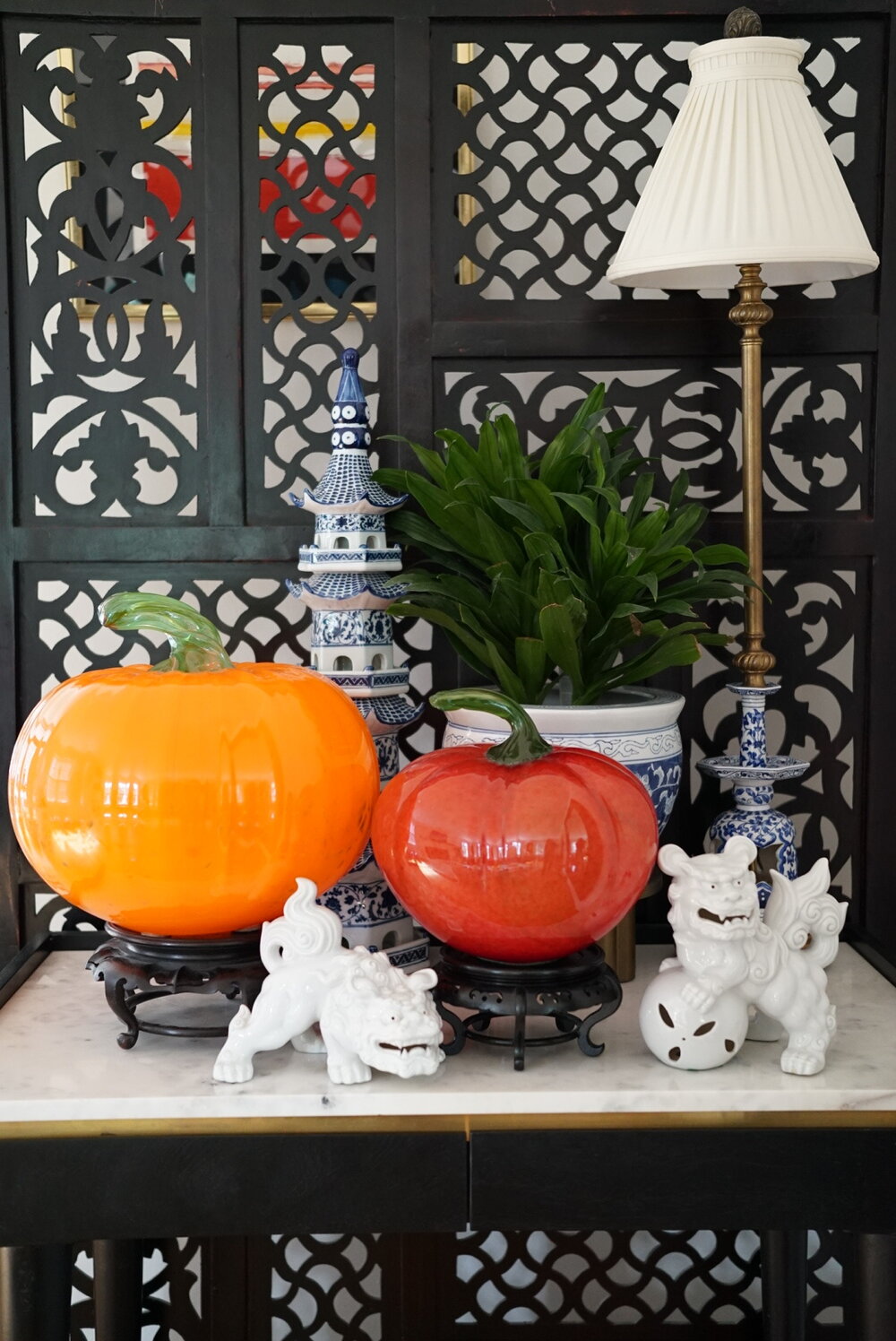 3ft Vintage John Richard Chinoiserie and Brass Lamp