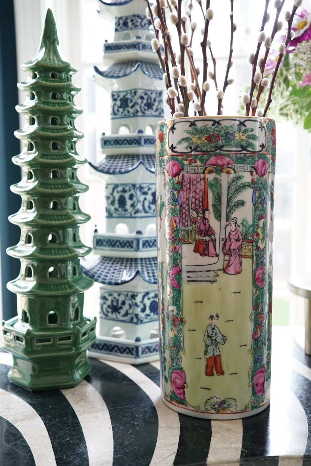 Tall 12” Rose Medallion Cylinder Vase