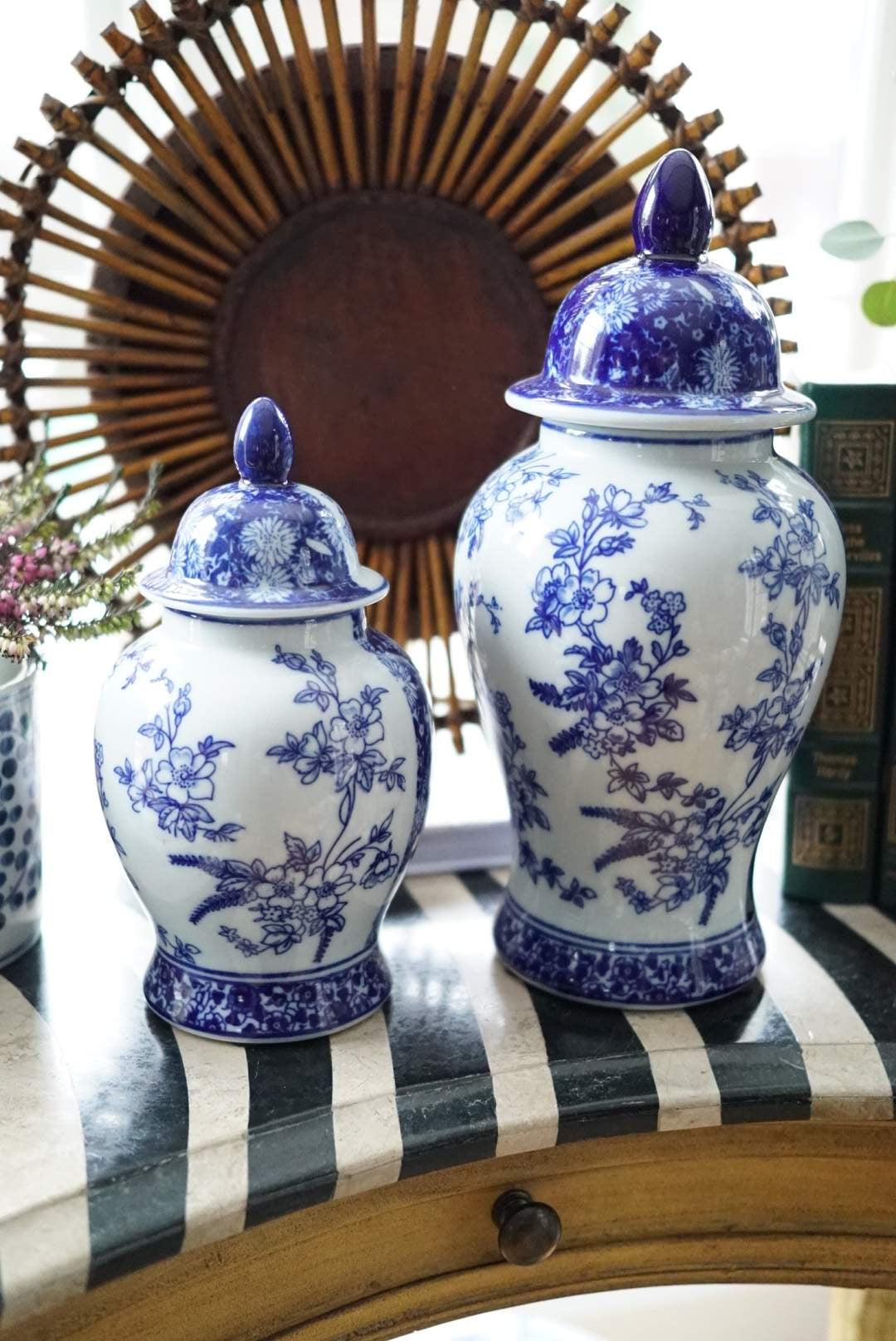 Pair of — Chinoiserie Blue and White Temple Jars