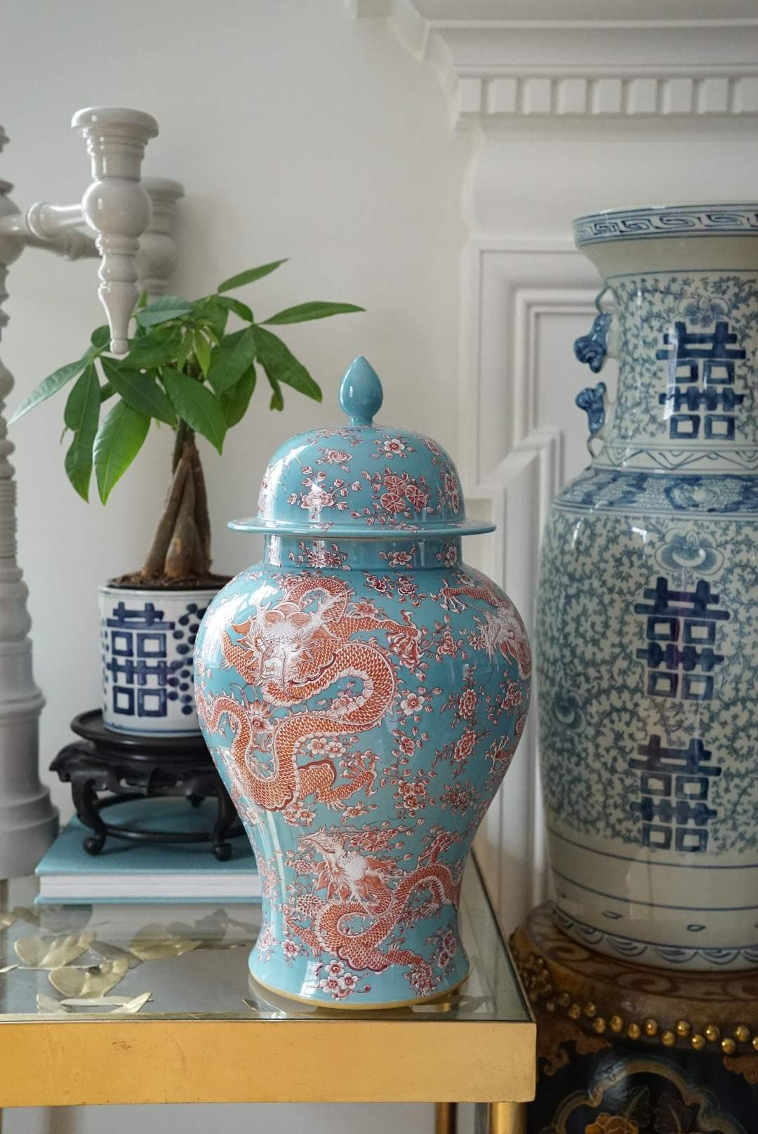 Pastel Glaze Five-Dragon Temple Jar — Coral and Azure