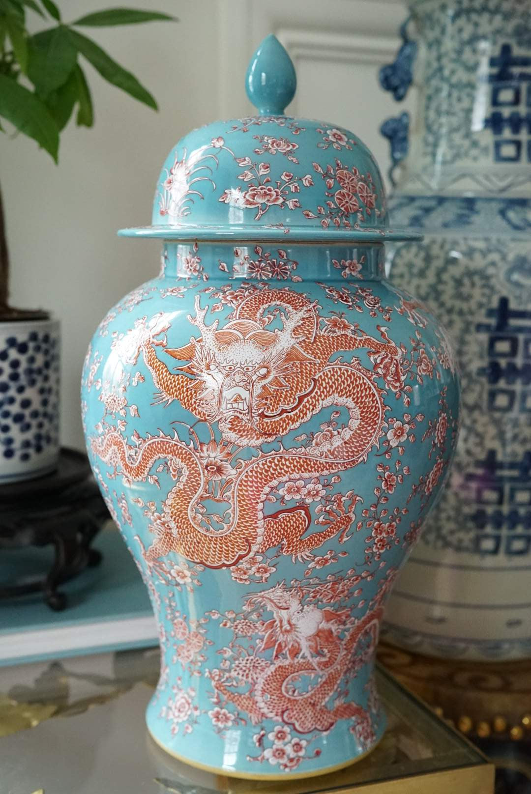 Pastel Glaze Five-Dragon Temple Jar — Coral and Azure