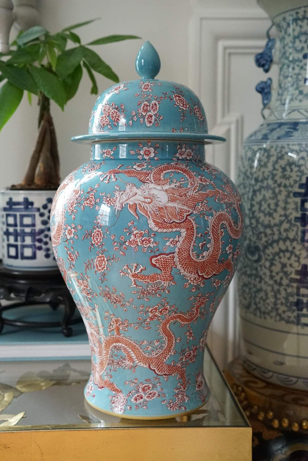 Pastel Glaze Five-Dragon Temple Jar — Coral and Azure