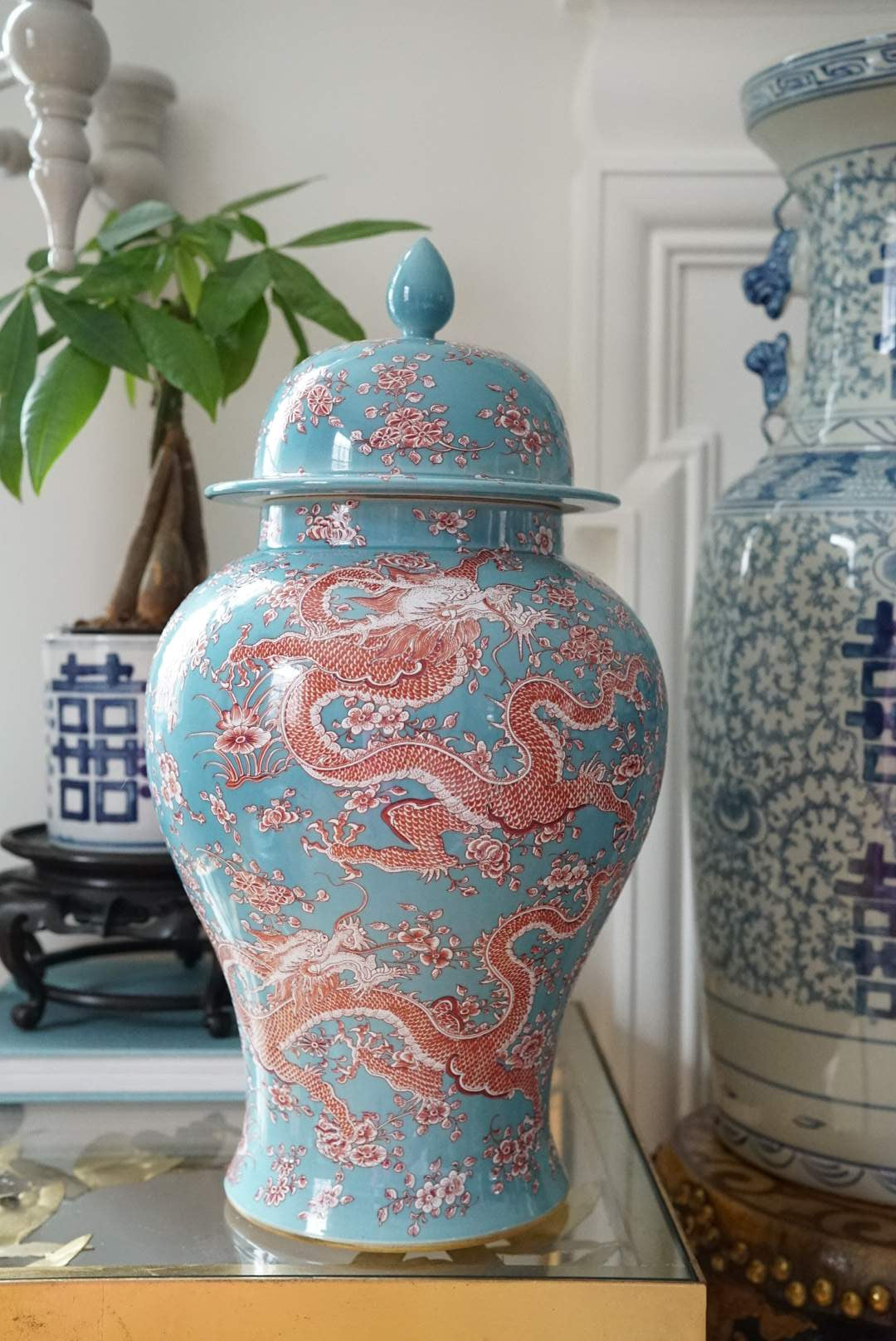 Pastel Glaze Five-Dragon Temple Jar — Coral and Azure