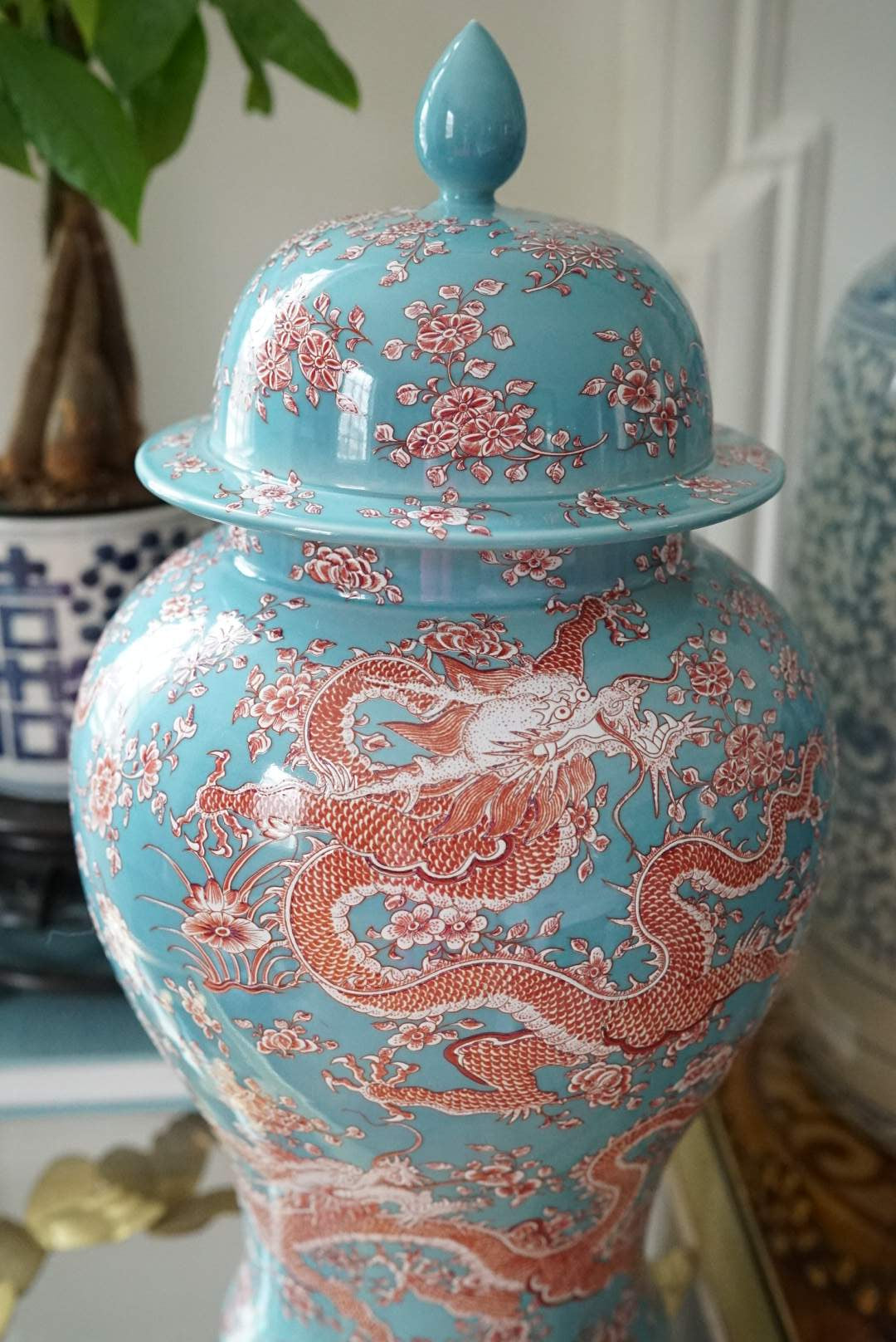 Pastel Glaze Five-Dragon Temple Jar — Coral and Azure