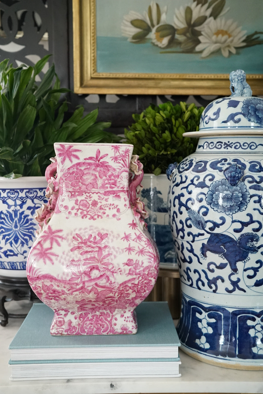 Large United Wilson Pink and White Rose Handled Vase