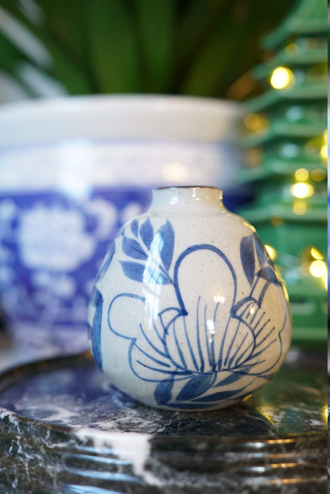 Mini Pottery Style Glazed Blue and White Bud Vase