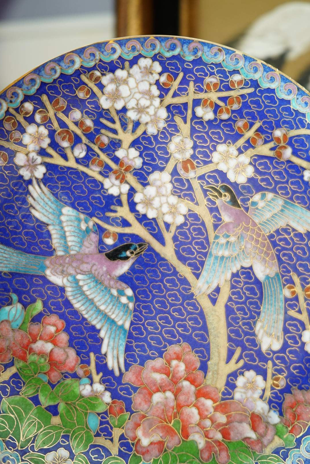 Vintage Plum Blossom and Love Birds Cloisonné Plate