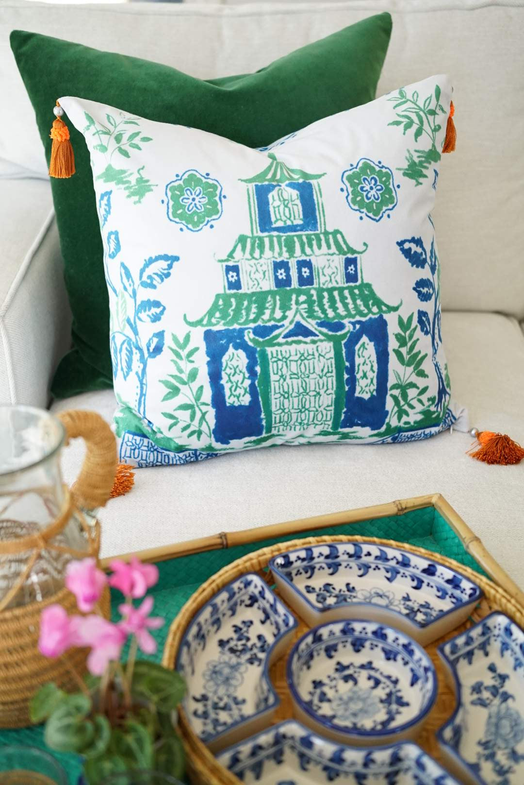 Throw Pillows with Pagoda Prints and Tassels-3 Styles