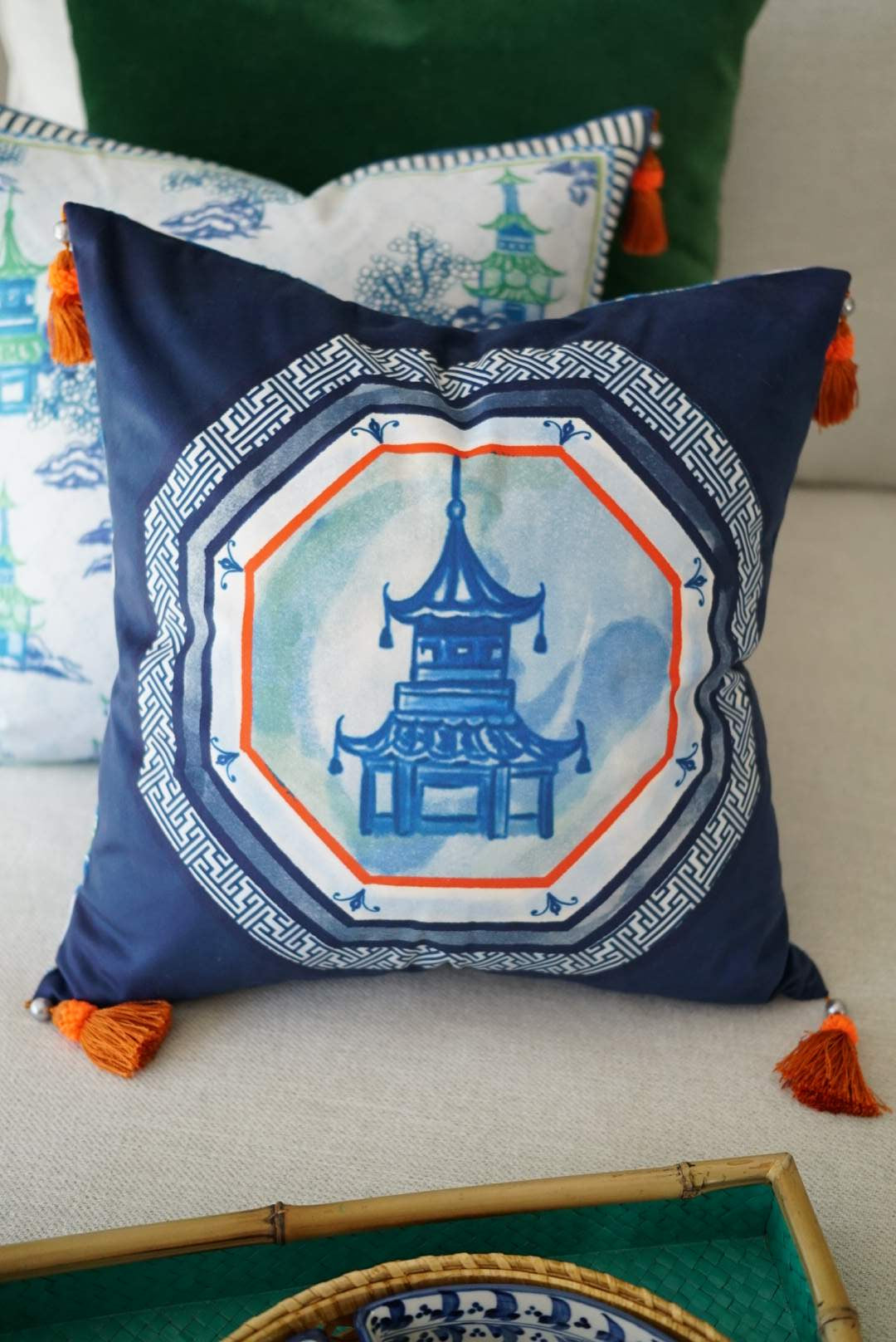 Throw Pillows with Pagoda Prints and Tassels-3 Styles