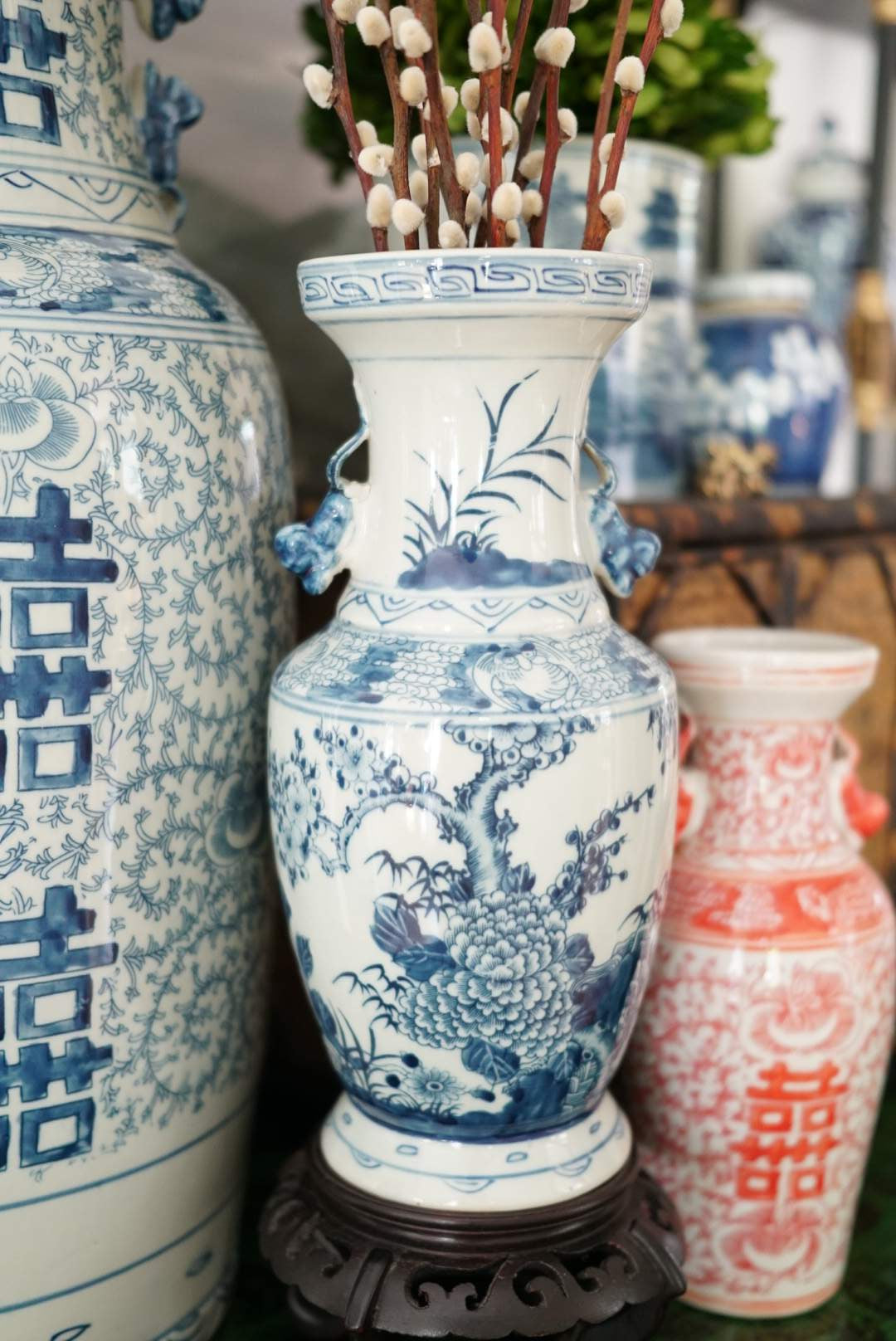 Blue and White All Season Garden Vase with Foo Handles