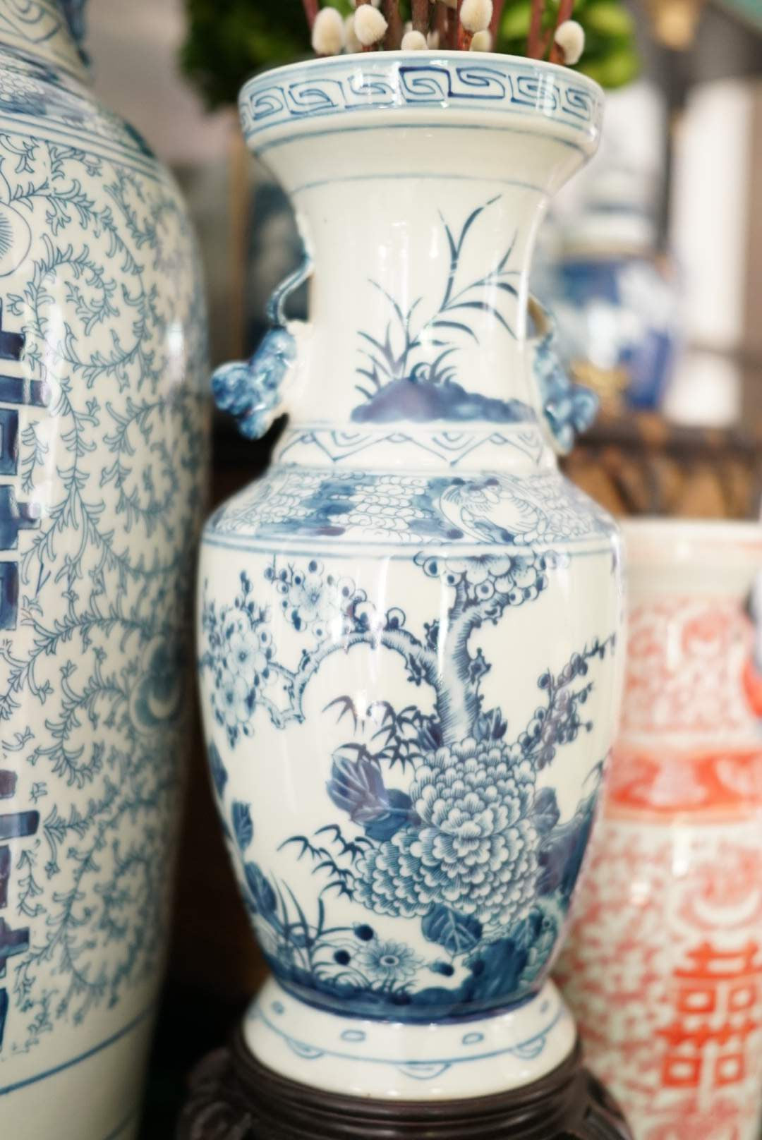 Blue and White All Season Garden Vase with Foo Handles
