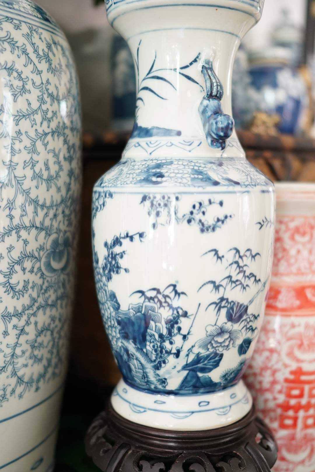 Blue and White All Season Garden Vase with Foo Handles